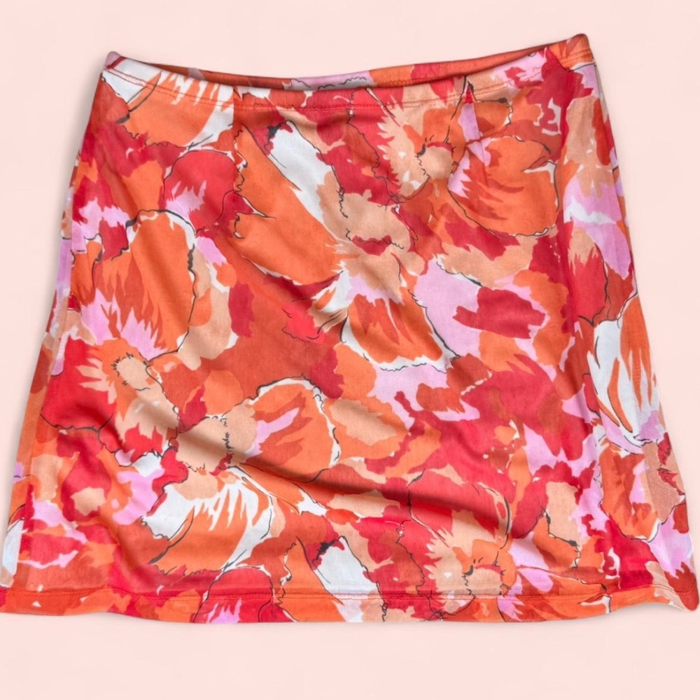 Vintage 90s Express Floral Mini Skirt XS - Orange Pink Mesh Boho Fairy Ethereal